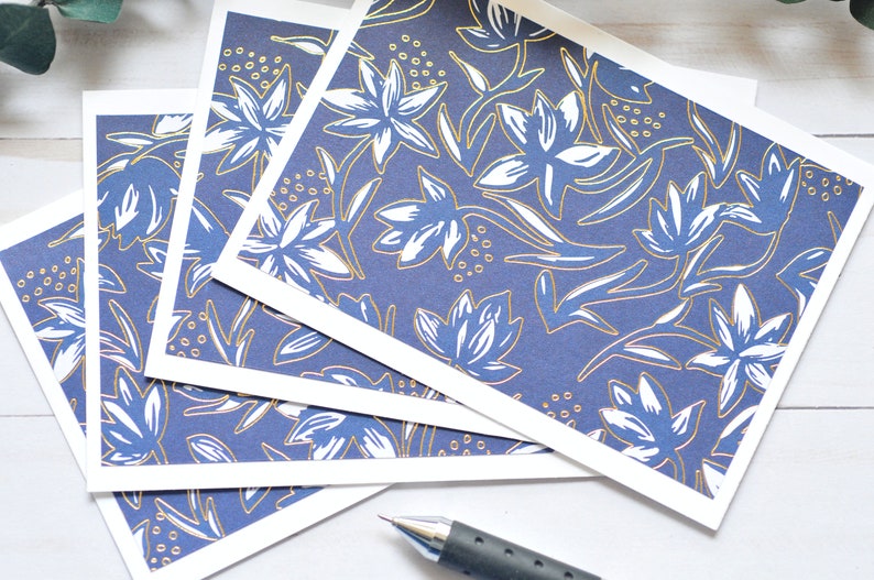 Blue & Gold Floral Note Cards - Set of 4 // Blank Cards // Thinking of ...