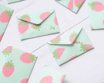 Strawberry on Mint Mini Love Notes – Set of 10 - Blank Cards for Gifts, Scrapbooking, Summer Parties & Tiny Stationery Lovers