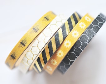 Bee Washi Tape Set – 5 Rolls Black & Gold Foil -Slim Tape - Planner, Scrapbook, Gift Wrap, Journal Decor