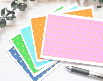 Gold Heart Note Cards - Set of 5 // Rainbow Colors // Blank Card // Thank You Note // Thinking of You // Gold Foil // Metallic // Patterned