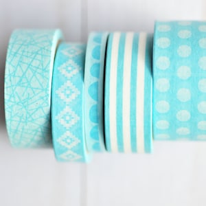 Ruban adhésif Washi bleu clair // 5 rouleaux // Masking Tape à motifs // Ruban adhésif décoratif / Accessoire pour agenda // Bullet Journal / Décoration // Calendrier