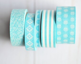 Light Blue Washi Tape // 5 rolls // Patterned Masking Tape // Decorative Tape / Planner Accessory // Bullet Journal / Decoration // Calendar