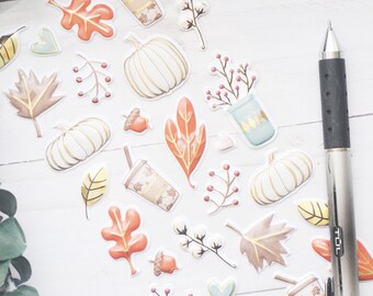 Fall Icons Stickers – Set of 29 - Autumn Plastic Decals for Journals, Planners, Crafts & Cozy Mail