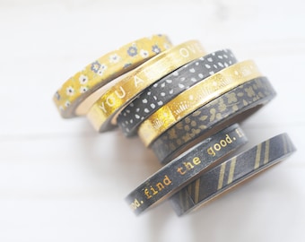 Word Washi Tape Set – 7 Rolls - Black & Gold for Journals, Planners, Crafts and Gift Wrap