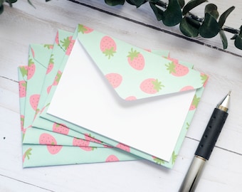 Strawberry on Mint Green Mini Cards - Set of 4 // Blank Cards // Gift Card Holder // Love Note // Summertime //Fruit // Sweet // Garden