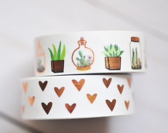 Succulent & Heart Washi Tape - 2 rolls // Cactus Washi // Plant Lady // Plant Washi // Decorative Tape // Metallic // Rose Gold Foil