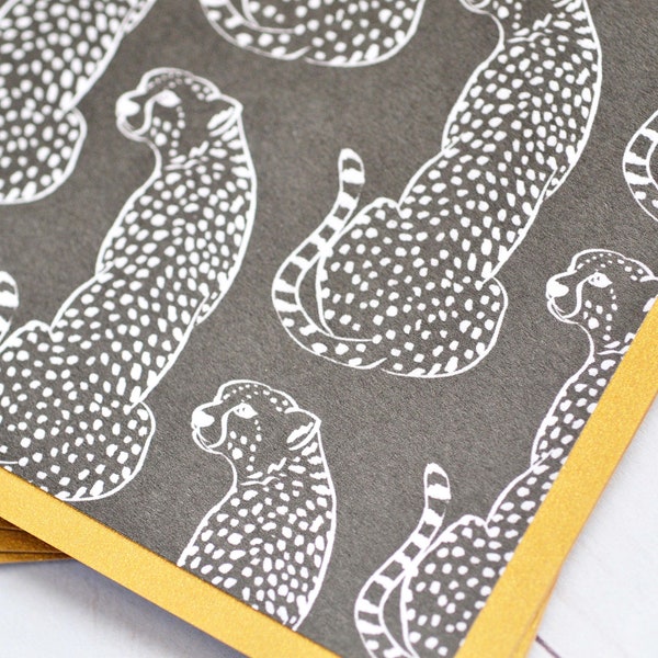 Cheetah Note Cards - Set of 6 // Black and Gold // Blank Cards // Thinking of You // Thank You Cards // Safari // Metallic // Large Cat