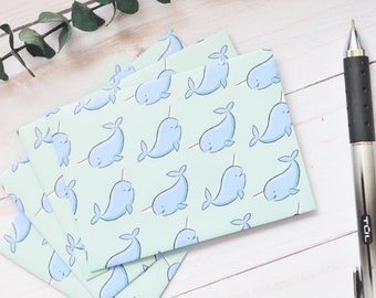 Narwhal Mini Cards - Set of 4 // Mini Envelopes // Blank Card // Gift Card Holder // Whale Note Card // Love Note // Lunchbox Note // Ocean