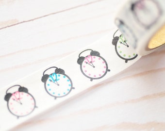 Alarm Clock Washi Tape // 15 mm // 5 yards // Embellishment // Decoration // Planner Accessory // Journal Pages // Analog Clock