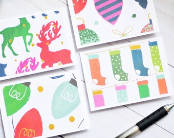 Bright Christmas Mini Cards – Set of 4 - Colorful Holiday Gift Card Holders with Blank Folded Notes for Winter Gifting & Scrapbooking