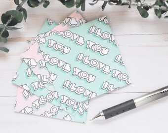 Pink & Blue I Love You Mini Cards – Set of 4 – Patterned Envelopes with Blank Inserts for Love Notes, Weddings, Scrapbooking