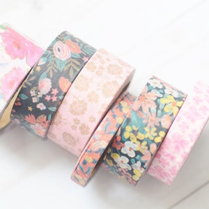 Pink Floral Washi Tape Set of 6 Decorative Rolls for Planners, Journals & Scrapbooking