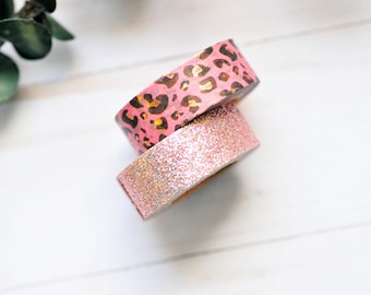 Leopard Washi Tape // 2 rolls // Glitter Washi // Animal Print Washi // Gift Wrapping // Gold Foil // Pink Glitter // Girl Power // Girly