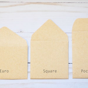 May include: Three brown paper envelopes of different sizes labeled "Euro", "Square", and "Pocket".