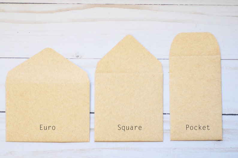 May include: Three brown paper envelopes of different sizes labeled "Euro", "Square", and "Pocket".