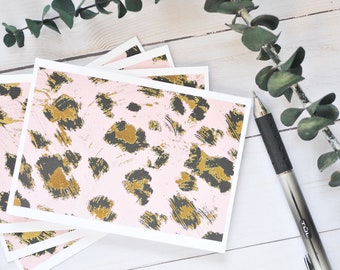 Pink and Gold Leopard Print Note Cards - Set of 4 // Blank Card //Fashionista // Birthday Card // Lady Boss // Love Note // Animal Print