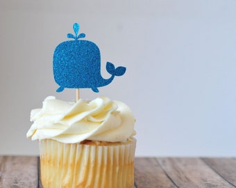 Whale Cupcake Toppers // Baby Shower Decoration // Party Decoration // Glitter Party Picks // Cake Decoration // Cake Topper