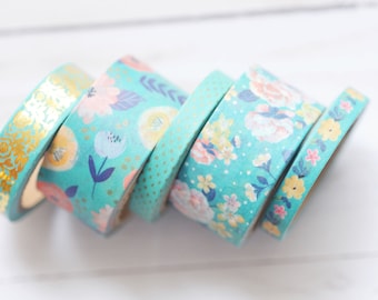 Turquoise Floral Washi Tape – Set of 5 Rolls - Journals, Planners, Scrapbooking, Decorative Packaging & Paper Crafts