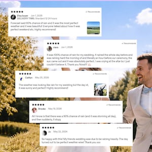Puede incluir: Un collage de cinco rese&ntilde;as de clientes con calificaciones de cinco estrellas y testimonios de texto sobre experiencias clim&aacute;ticas en bodas. Las rese&ntilde;as incluyen nombres como Etsy buyer, Ciara, Caitlyn, Brooke y Jo, con fechas de mayo y junio de 2026.