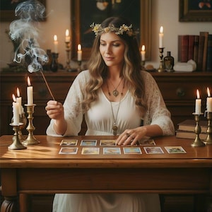 Puede incluir: Una persona con un vestido de mangas de encaje blanco y una corona de flores se sienta a una mesa de madera con cartas del tarot extendidas. Un incienso encendido desprende humo y varias velas blancas en candelabros de lat&oacute;n iluminan la escena.