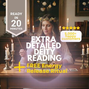 May include: An image promoting a detailed deity reading. The image features a woman with a floral crown, surrounded by candles, and text that reads "Extra Detailed Deity Reading" and "Free Energy Release Ritual."