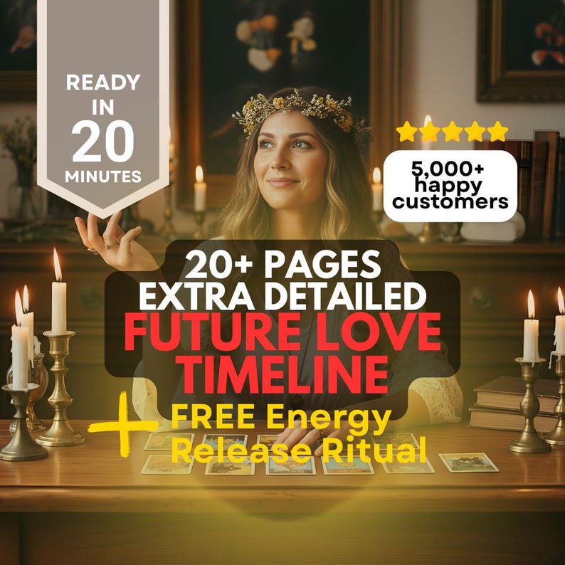 May include: An image promoting a future love timeline service. The image features a woman with a floral crown, tarot cards, and text that reads "READY IN 20 MINUTES", "20+ PAGES EXTRA DETAILED FUTURE LOVE TIMELINE", and "FREE Energy Release Ritual".
