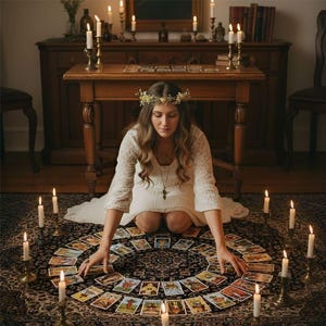 May include: A woman in a white dress and floral crown kneels surrounded by tarot cards arranged in a circle. Lit candles in brass holders and on the floor illuminate the scene. A wooden table and antique furniture are in the background.