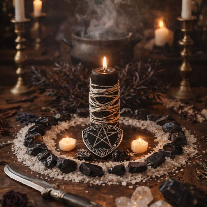 May include: A dark candle wrapped with twine, burning brightly, is the focal point of a mystical scene. A pentagram shield, small candles, and black stones encircle the candle. A knife and other ritual items are also present.