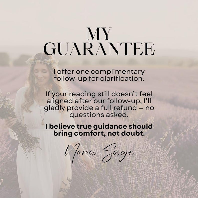 May include: Image with the text "MY GUARANTEE" at the top. The text below states a full refund policy and a follow-up offer. The image includes a woman in a white dress holding flowers, with a lavender field background.