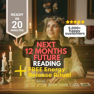 May include: An image promoting a future reading service. Text includes "READY IN 20 MINUTES", "NEXT 12 MONTHS FUTURE READING", and "FREE Energy Release Ritual". A woman with a floral crown is seated at a table with tarot cards and lit candles.