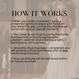 Puede incluir: Un gr&aacute;fico informativo titulado HOW IT WORKS que detalla un servicio espiritual. Explica que tras realizar un pedido, se realiza un ritual para fomentar un clima tranquilo, seguido de un certificado digital enviado por correo electr&oacute;nico en 24 horas.