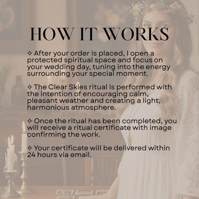 Puede incluir: Un gr&aacute;fico informativo titulado HOW IT WORKS que detalla un servicio espiritual. Explica que tras realizar un pedido, se realiza un ritual para fomentar un clima tranquilo, seguido de un certificado digital enviado por correo electr&oacute;nico en 24 horas.