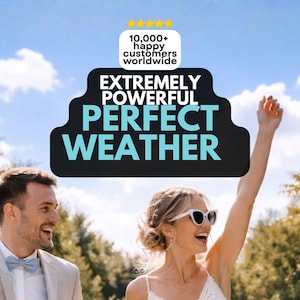 May include: A person wearing white sunglasses and a white top with a person wearing a light beige suit and a light blue bow tie. Text reads: 10,000+ happy customers worldwide, EXTREMELY POWERFUL, PERFECT WEATHER, with five yellow stars above.