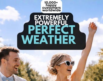 Könnte beinhalten: Eine Person mit weißer Sonnenbrille und weißem Oberteil neben einer Person im hellbeigen Anzug mit hellblauer Fliege. Der Text lautet: 10,000+ happy customers worldwide, EXTREMELY POWERFUL, PERFECT WEATHER, darüber fünf gelbe Sterne.