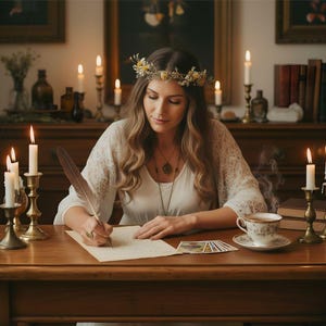 Puede incluir: Una persona con cabello largo y ondulado, una corona de flores y una blusa blanca de encaje escribe en papel con una pluma. El escritorio de madera tiene una taza de t&eacute; humeante, un juego de cartas del tarot y varios candelabros de lat&oacute;n con velas.