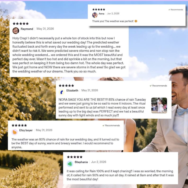 Puede incluir: Un collage de cinco rese&ntilde;as de clientes con calificaciones de cinco estrellas y testimonios de texto sobre experiencias clim&aacute;ticas en bodas, superpuesto a una fotograf&iacute;a de una pareja con ropa de boda caminando al aire libre en un jard&iacute;n soleado.