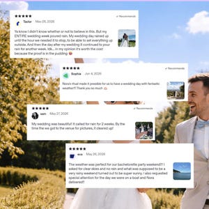 Puede incluir: Un collage de cuatro rese&ntilde;as de clientes de cinco estrellas con testimonios de texto de Taylor, Sophie, sam y eva. Cada rese&ntilde;a incluye un nombre de usuario, fecha, una marca de verificaci&oacute;n de recomendaci&oacute;n y una foto cuadrada de bodas.
