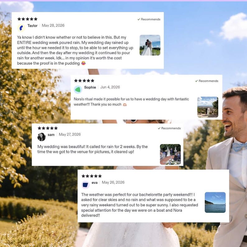 Puede incluir: Un collage de cuatro rese&ntilde;as de clientes de cinco estrellas con testimonios de texto de Taylor, Sophie, sam y eva. Cada rese&ntilde;a incluye un nombre de usuario, fecha, una marca de verificaci&oacute;n de recomendaci&oacute;n y una foto cuadrada de bodas.