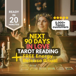 May include: An image promoting a tarot reading service. The text reads "READY IN 20 MINUTES" and "NEXT 90 DAYS IN LOVE TAROT READING FREE Energy Release Ritual". A woman with a floral crown is smiling, with lit candles and tarot cards on a wooden table.