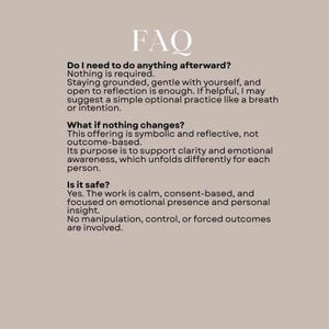 May include: A beige background with the word "FAQ" in a stylized font at the top. The text below answers questions about a service, including what to expect and safety information. The text is in a dark gray color.