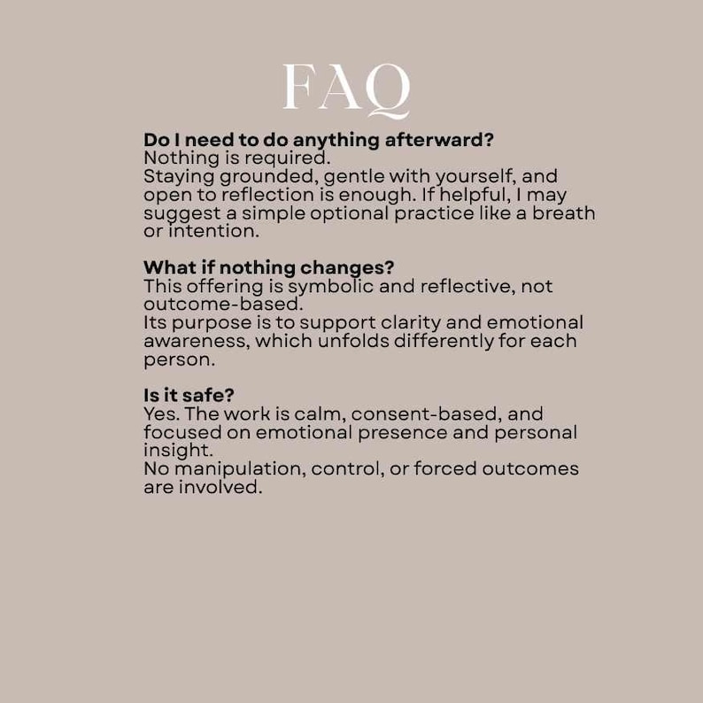 May include: A beige background with the word "FAQ" in a stylized font at the top. The text below answers questions about a service, including what to expect and safety information. The text is in a dark gray color.
