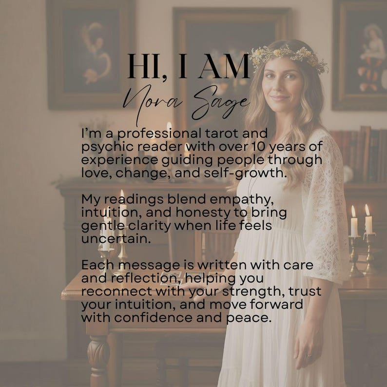 May include: A woman wearing a floral crown and white dress is featured in this image. Text reads "HI, I AM Nora Sage." The image also includes text about tarot and psychic readings, guiding people through love, change, and self-growth.
