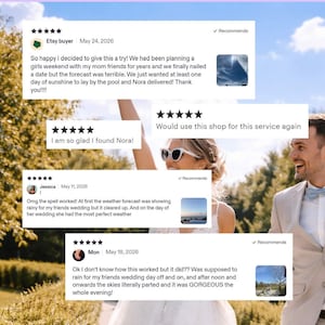 Puede incluir: Un collage de cuatro rese&ntilde;as de clientes de cinco estrellas superpuestas en una fotograf&iacute;a de una pareja con ropa de boda. Las rese&ntilde;as contienen texto elogiando un servicio por despejar el clima, incluyendo fechas y miniaturas de cielos soleados.