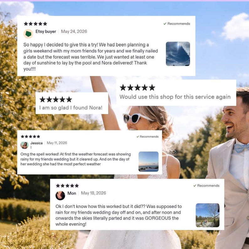 Puede incluir: Un collage de cuatro rese&ntilde;as de clientes de cinco estrellas superpuestas en una fotograf&iacute;a de una pareja con ropa de boda. Las rese&ntilde;as contienen texto elogiando un servicio por despejar el clima, incluyendo fechas y miniaturas de cielos soleados.