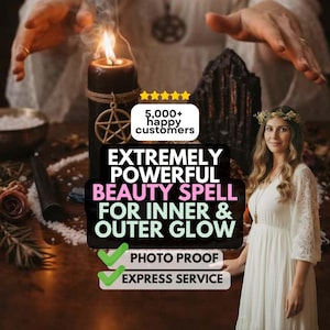 May include: An image promoting a beauty spell, featuring a woman in a white dress and a lit black candle with a pentagram charm. Text reads "EXTREMELY POWERFUL BEAUTY SPELL FOR INNER & OUTER GLOW".