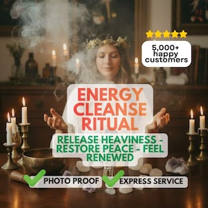 May include: An image advertising an energy cleanse ritual. A woman with a floral crown is surrounded by candles and smoke. The image includes text stating "Energy Cleanse Ritual" and "Release Heaviness - Restore Peace - Feel Renewed."