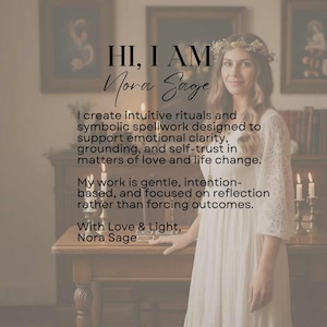 May include: A woman in a white dress and floral crown stands in front of a wooden table. Text on the image reads "HI, I AM Nora Sage" and describes intuitive rituals and spellwork for emotional clarity and self-trust.