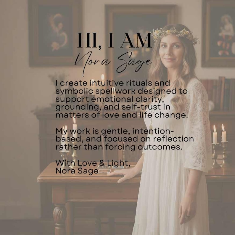 May include: A woman in a white dress and floral crown stands in front of a wooden table. Text on the image reads "HI, I AM Nora Sage" and describes intuitive rituals and spellwork for emotional clarity and self-trust.