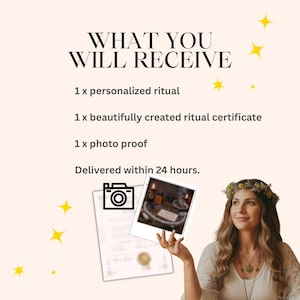 Puede incluir: Un gr&aacute;fico con el texto WHAT YOU WILL RECEIVE, 1 x personalized ritual, 1 x beautifully created ritual certificate, 1 x photo proof y Delivered within 24 hours. Incluye un icono de c&aacute;mara, un certificado, una foto y una persona con corona de flores.