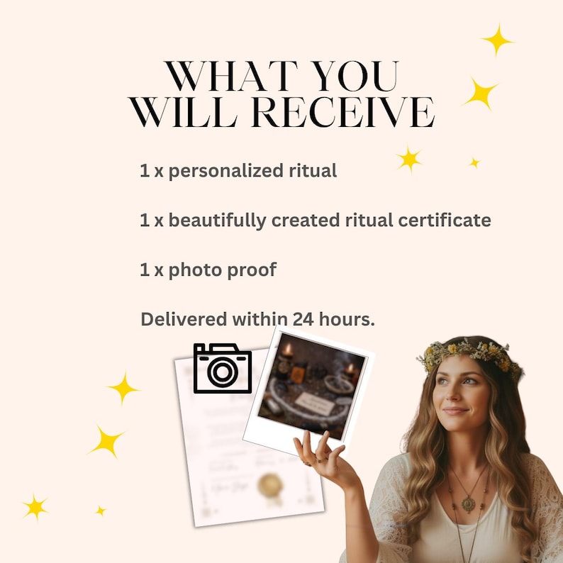 Puede incluir: Un gr&aacute;fico con el texto WHAT YOU WILL RECEIVE, 1 x personalized ritual, 1 x beautifully created ritual certificate, 1 x photo proof y Delivered within 24 hours. Incluye un icono de c&aacute;mara, un certificado, una foto y una persona con corona de flores.